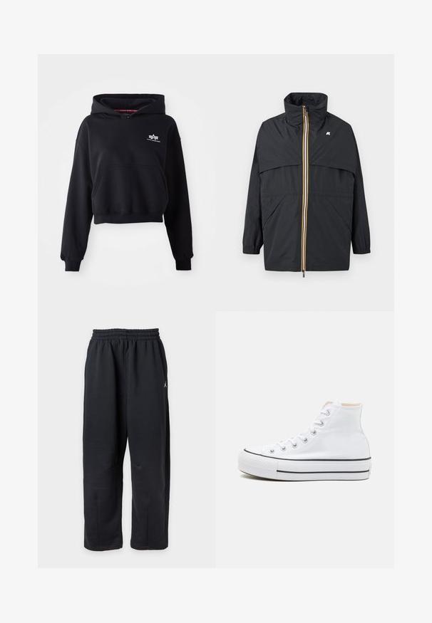 Zwarte lichte jas met hoge kraag, meerkleurige gestreepte rits, elastische manchetten en zijzakken, met een klein logo op de borst.; Zwarte crop hoodie van zachte stof, met een voorkant zak, trekkoord capuchon en een klein wit logo op de borst.; Zwarte losse sweatpants met elastische tailleband en klein wit logo aan de rechterkant.; Witte hoge sneakers van canvasmateriaal, zwarte rubberen zool en contrasterende zwarte streep op de tussenzool. Circulaire neus en vetersluiting.