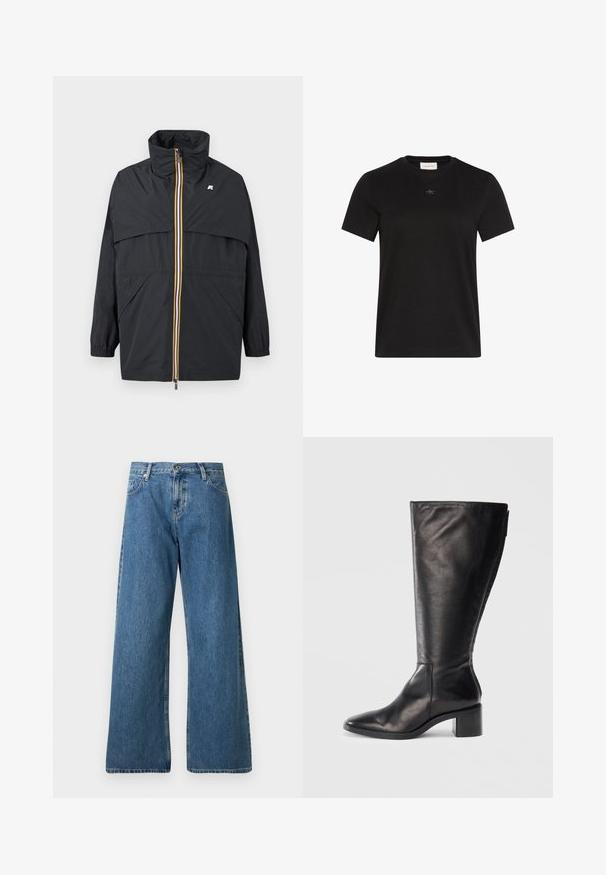 Sort letvægtsjakke med høj krave, flerfarvet stribet lynlås, elastiske manchetter og sidelommer, med en lille logo på brystet.; Sort T-shirt med korte ærmer og rund halsudskæring med lille Calvin Klein-logo centreret under halsudskæringen.; Bredbenede denimjeans i mellemblå. Lavet af bomuld, med traditionelt fem-lomme design og knaplukning, samt en rå kant.; Sorte læderknæhøje støvler med firkantet tå, blokhæle og et stilrent design. Glat tekstur med en sideskift for nem påtagning.