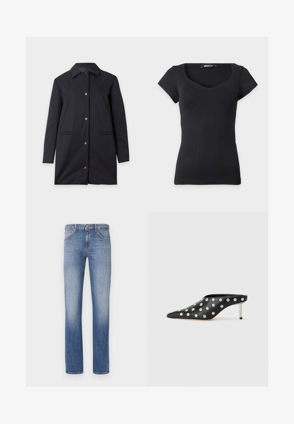 Manteau noir longueur genoux avec manches longues, col pointu, fermeture à boutons-pression et deux poches passepoilées devant sur fond clair.; Top noir ajusté à manches courtes pour femme avec un décolleté légèrement en cœur sur un fond clair uni.; Jean en denim bleu clair avec une coupe droite, design classique à cinq poches, détails de décoloration subtils et accents de couture orange.; STAND STUDIO KELSEY - Mules à talons - black