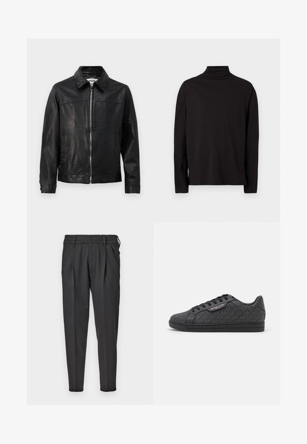 Veste en cuir noir avec un col, fermeture éclair sur le devant et poches latérales. Texture lisse avec des détails de couture minimaux.; Haut à col roulé noir à manches longues en tissu doux et lisse, avec une coupe décontractée et sans motifs ni accents visibles.; Pantalons noirs en tissu lisse, dotés d'un devant plissé, d'une taille élastique et de jambes droites avec un bas fuselé.; Baskets noires dotées d'un dessus en tissu texturé avec un motif MK subtil, des accents en cuir noir et une semelle en caoutchouc noire.