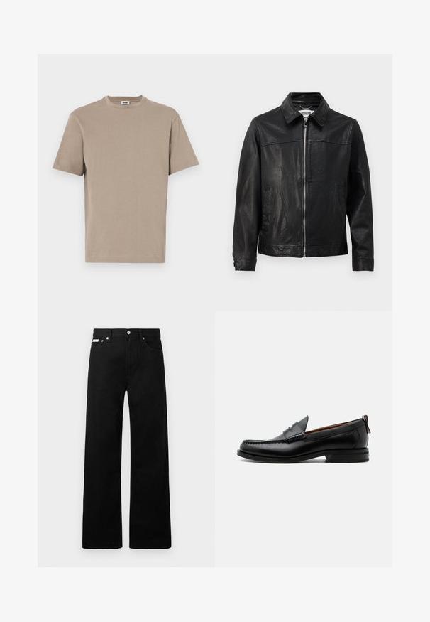 Sort læderjakke med krave, lynlås foran og sidelommer. Glat tekstur med minimale syninger.; Beige bomulds t-shirt med rund hals, korte ærmer og lige kant. Glat tekstur, minimalistisk design, ingen synlige grafik eller accenter.; Sorte denimbukser med bred ben-design, der har fem lommer og metallisk knapdetalje. Glat tekstur, uden synlige mønstre.; Sort læder herre loafer med moc-tå syning, penny strop, struktureret krave og lav stablet hæl på hvid baggrund.