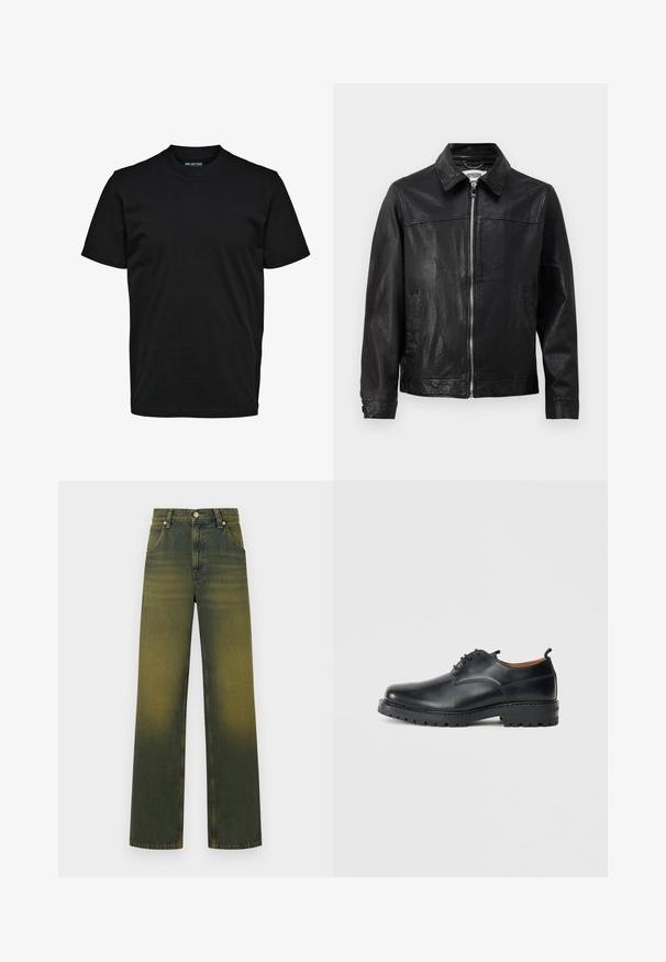 Zwarte leren jas met een kraaghalslijn, ritssluiting aan de voorkant en zijzakken. Glad textuur met minimale stikseldetails.; Eenvoudig zwart T-shirt met korte mouwen, ronde hals en een normaal model zonder zichtbare patronen of logo's.; Groene denim jeans met een vervaagde gradient, hoge taille, wijde beenontwerp, vijf zakken en metalen knoopsluiting.; Zwarte leren derby schoenen met een gladde textuur, ronde neus, vetersluiting en een dikke, robuuste rubberen zool.