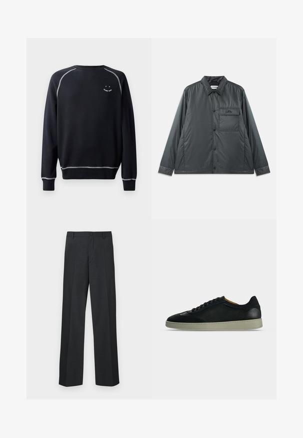 Dunkelgraue, leichte, knöpfbare Jacke mit einem Spitzkragen, langen Ärmeln und einer Brusttasche. Glattes, glänzendes Material mit minimaler Hardware.; Schwarzer Sweatshirt mit Rundhalsausschnitt, langen Ärmeln und kontrastierenden weißen Nähten. Beinhaltet ein kleines Grafikdesign auf der Brust. Weiche Stofftextur.; Dunkelgraue Hose mit geradem Bein, gefertigt aus strukturiertem Stoff, mit einer Knopfleiste und Seitentaschen.; Flacher schwarzer Ledersneaker mit schwarzen Schnürsenkeln und einer hellgrauen flachen Gummisohle, von der Seite auf weißem Hintergrund gezeigt.
