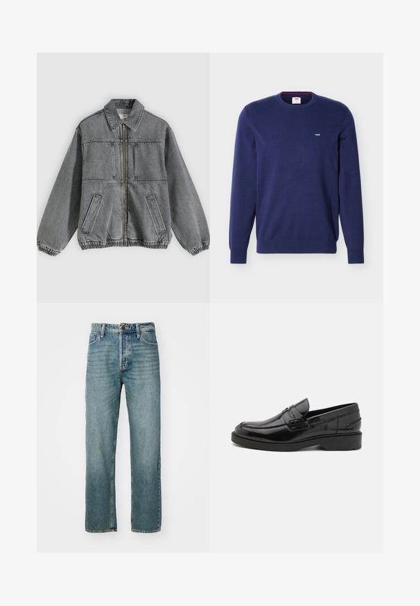 Veste en denim gris avec col, fermeture éclair à l'avant et deux poches. Comprend des poignets et un ourlet élastiques, offrant une coupe ample et un design structuré.; Pull ras du cou Levi's bleu marine à manches longues avec petit logo blanc Levi's sur la poitrine gauche.; Jeans en denim bleu clair avec une coupe droite, un design à cinq poches et des coutures visibles. Comprend un bouton en métal et une fermeture éclair.; Mocassins en cuir noir avec une finition lisse, un bout rond, un petit talon et descoutures décoratives à l'avant. Semelle en caoutchouc pour l'adhérence.