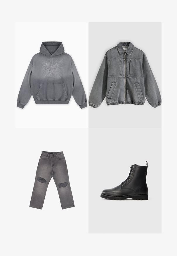 Chaqueta de mezclilla gris con cuello, cremallera frontal y dos bolsillos. Presenta puños y dobladillo elásticos, ofreciendo un ajuste holgado y un diseño estructurado.; Sudadera con capucha gris con un estampado texturizado que presenta "FAVELA Worldwide" y un diseño de águila, bolsillo canguro delantero y puños acanalados.; Vaqueros de mezclilla gris de cintura alta con piernas anchas y grandes parches desgastados en ambas rodillas, con bolsillos delanteros y trabillas para el cinturón.; Botín de cuero negro con punta redonda, diseño con cordones y ojales de metal. Cuenta con una suela texturizada y una lengüeta en el talón para facilitar su uso.