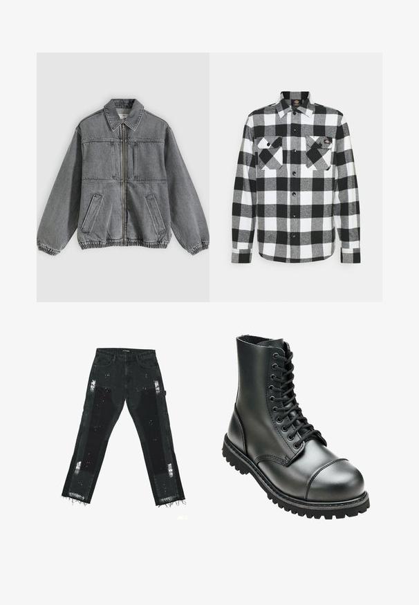 Veste en denim gris avec col, fermeture éclair à l'avant et deux poches. Comprend des poignets et un ourlet élastiques, offrant une coupe ample et un design structuré.; Chemise en flanelle noir et blanc avec un motif à carreaux, présentant deux poches poitrine, un devant boutonné et un col. Tissu doux et texturé.; Jeans en denim noir avec des patches déchirés, des ourlets effilochés et des accents texturés. Taille mi-haute avec un design standard à cinq poches.; Botte de combat en cuir noir avec une tige haute, bout rond, laçage sur le devant et semelle en caoutchouc robuste avec un profil de crantage profond pour une meilleure adhérence.