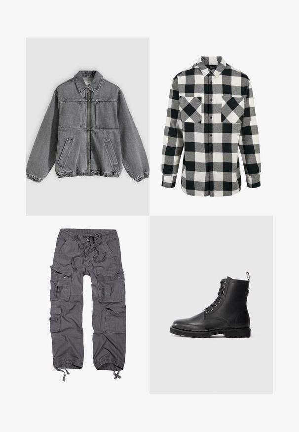Chaqueta de mezclilla gris con cuello, cremallera frontal y dos bolsillos. Presenta puños y dobladillo elásticos, ofreciendo un ajuste holgado y un diseño estructurado.; Camisa de franela en blanco y negro con un gran patrón a cuadros, mangas largas, cierre de botones en la parte delantera y dos bolsillos en el pecho. Hecha de tela suave.; Pantalones cargo grises con múltiples bolsillos, cintura con cordón, cierre de botón, puños ajustados y un acabado de tela texturizada.; Botín de cuero negro con punta redonda, diseño con cordones y ojales de metal. Cuenta con una suela texturizada y una lengüeta en el talón para facilitar su uso.