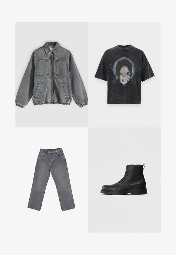 Grå denimjakke med krave, frontlynlås og to lommer. Har elastiske manchetter og kant, hvilket giver en løs pasform og struktureret design.; Overdimensioneret mørkegrå T-shirt med grafik af en kvindes ansigt og abstrakte blå linjer omkring hendes hoved.; High-waist lige ben grå jeans med forlommer, bæltestropper, knaplukning og synlige syninger på hvid baggrund.; Sorte struktureret læder ankelstøvle med snørebånd, tykk sål og løkke bagpå, set fra siden.