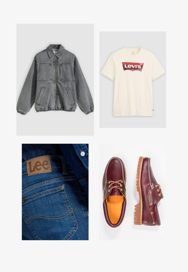 Grå denimjakke med krave, frontlynlås og to lommer. Har elastiske manchetter og kant, hvilket giver en løs pasform og struktureret design.; Hvid t-shirt med korte ærmer, der har et slidt rødt Levi's-logo i midten og en lille rød Levi's-mærkat i sidesømmen.; Nærbillede af baglomme på blå denimjeans med brunt lædermærke fra Lee og synlige syningsdetaljer.; Bordeaux lædersko med brune gummisåler, rund tå, hvid syning og gyldne snøringer. Indersiden har et gult for.