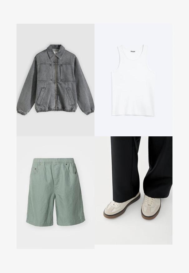 Grå denimjakke med krave, frontlynlås og to lommer. Har elastiske manchetter og kant, hvilket giver en løs pasform og struktureret design.; Hvid ærmeløs tanktop med rund halsudskæring og Weekday-mærke på den indvendige baghals, vist fladt på lys baggrund.; Lys grønne shorts lavet af struktureret stof med elastisk talje, der har to sidelommer og minimale syninger.; Fødder iført beige sneakers med brune såler og sorte bukser med vide ben på hvid baggrund.