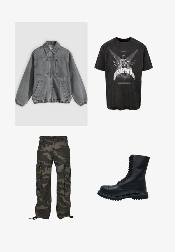 Chaqueta de mezclilla gris con cuello, cremallera frontal y dos bolsillos. Presenta puños y dobladillo elásticos, ofreciendo un ajuste holgado y un diseño estructurado.; Camiseta negra de gran tamaño hecha de denim, con un gráfico de una estatua con alas y texto, y una textura ligeramente desgastada.; Pantalones cargo de camuflaje en verde oscuro y gris, con múltiples bolsillos laterales, cierre de botón y cordones ajustables en los tobillos.; Botín de cuero negro con cordones, punta redonda, caña alta, suela de goma gruesa y superficie texturizada. Presenta costuras reforzadas a lo largo de las uniones.