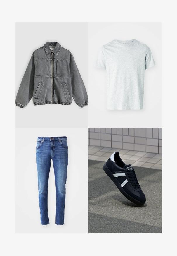Grå denimjakke med krave, frontlynlås og to lommer. Har elastiske manchetter og kant, hvilket giver en løs pasform og struktureret design.; Lys grå, kortærmet t-shirt lavet af blødt stof, med en rund hals og en let afslappet pasform. Ingen synlige mønstre eller grafik.; Blå denim jeans med slim fit, fem-lomme design og let falming. Har en mærke-knap og lynlåslukning.; Sort lædersneaker med hvide striber, tekstureret gummisål og snørrebånd foran. Har et brandet mærke på tungen.