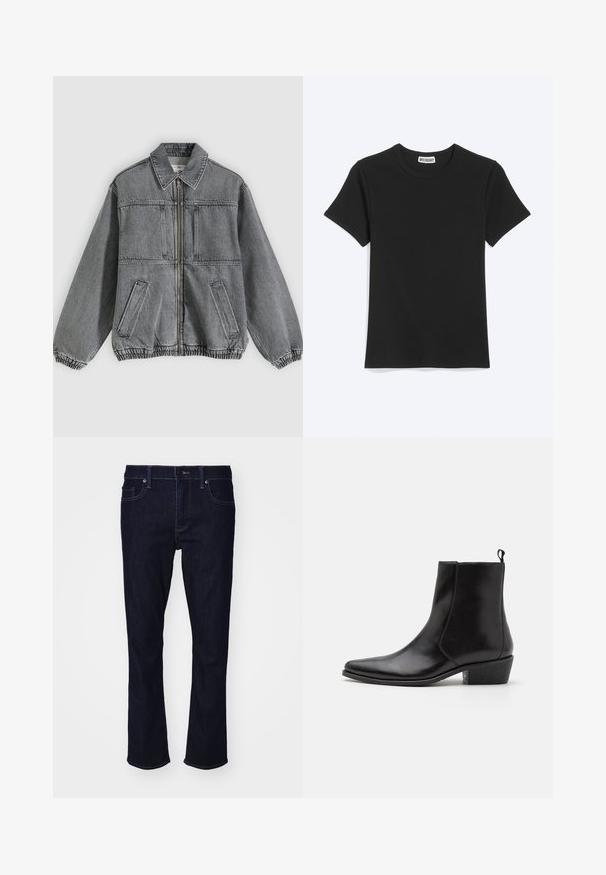 Veste en denim gris avec col, fermeture éclair à l'avant et deux poches. Comprend des poignets et un ourlet élastiques, offrant une coupe ample et un design structuré.; T-shirt noir uni à manches courtes et col rond avec une étiquette de la marque Weekday à l’intérieur du col, présenté sur fond blanc.; Jean denim bleu foncé avec une coupe droite, cinq poches et de subtils détails de couture. Fermeture par bouton et zip.; Zign LEATHER - Bottines de cowboy / motard - black