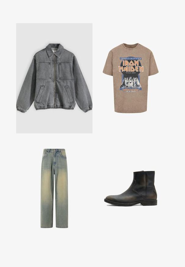 Grå denimjakke med krave, frontlynlås og to lommer. Har elastiske manchetter og kant, hvilket giver en løs pasform og struktureret design.; Brun bomulds-T-shirt med et grafisk print med "Iron Maiden Tour 1985," pyramider og tekst i blå og orange farver.; Lyseblå denim wide-leg jeans med en falmet gradient, som har fem lommer og en klassisk talje med bæltestropper.; AllSaints LANG - Støvletter - brown