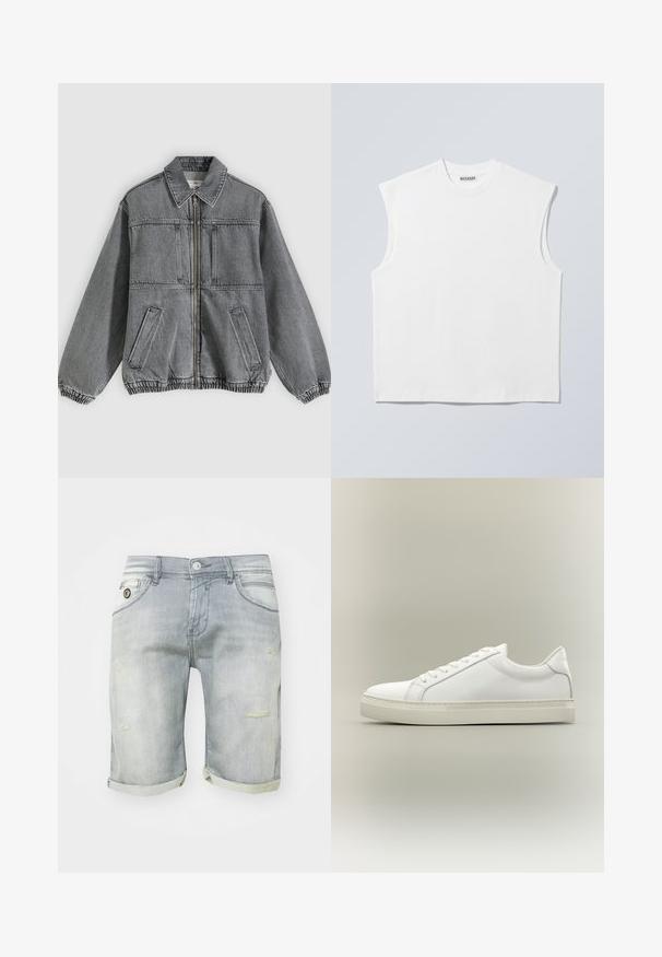 Veste en denim gris avec col, fermeture éclair à l'avant et deux poches. Comprend des poignets et un ourlet élastiques, offrant une coupe ample et un design structuré.; Haut blanc sans manches en coton à col rond avec épaules structurées, marqué "WEEKDAY" sur l'étiquette du col, présenté sur un fond gris clair.; Shorts en denim bleu clair avec un délavage usé, des revers roulés, des poches avant et des détails déchirés sur la cuisse. Fermeture à bouton à la taille.; Baskets blanches basses à lacets sur l’avant et semelle épaisse, vues de côté sur un fond neutre.