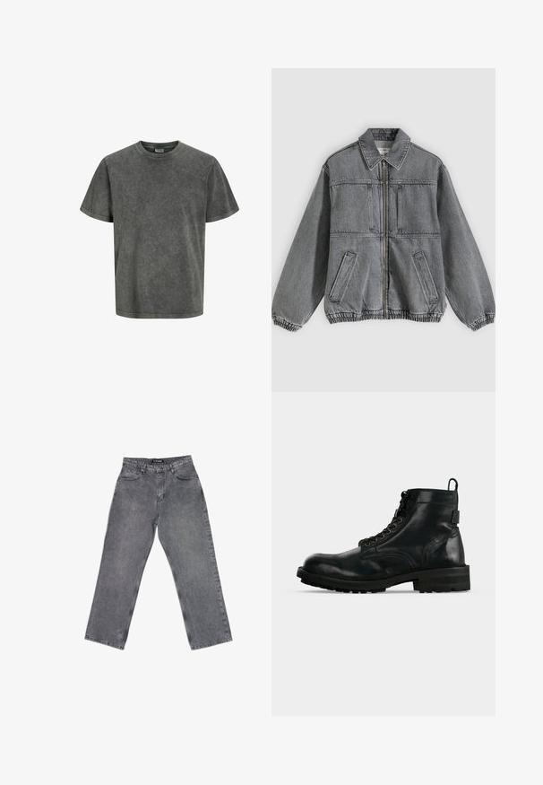 Grå denimjakke med krave, frontlynlås og to lommer. Har elastiske manchetter og kant, hvilket giver en løs pasform og struktureret design.; Kortærmet T-shirt i en falmet mørkegrå farve, lavet af blødt stof med en rund halsudskæring og en afslappet pasform. Glat tekstur, ingen mønstre.; High-waist lige ben grå jeans med forlommer, bæltestropper, knaplukning og synlige syninger på hvid baggrund.; Sort læder ankelstøvle med snøre, tyk sål og trækstrop bagpå, vist i sideprofil på hvid baggrund.