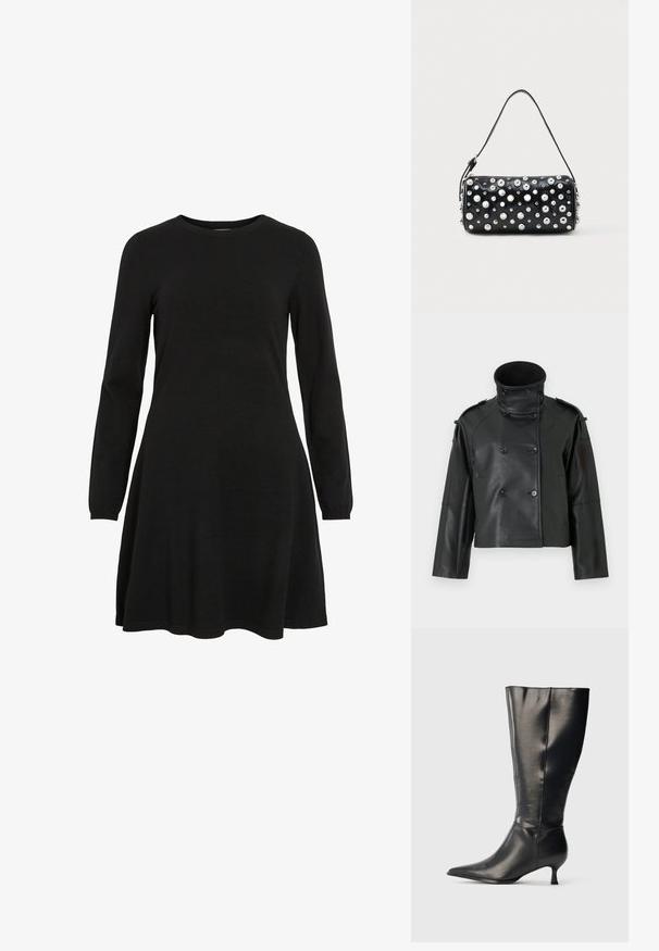 Sort læderjakke med høj krave, dobbeltradet design, store knapper og skulderklapper. Glat tekstur, cropped længde.; Sort langærmet kjole lavet af strikket stof, med rund halsudskæring og svajet kant, der tilbyder en simpel og tætsiddende silhuet.; Sort knæhøj læderstøvle med spids tå og lav kittenhæl, vist på en enkel lys baggrund.; Sort læderhåndtaske med rund form, dekoreret med sølvnitter. Har en aftagelig rem og lynlås. Glat tekstur.
