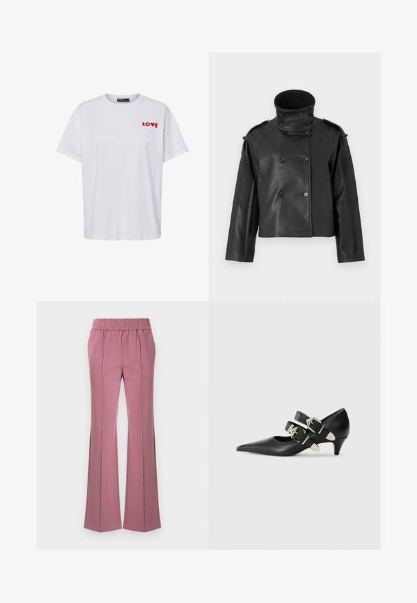 Sort læderjakke med høj krave, dobbeltradet design, store knapper og skulderklapper. Glat tekstur, cropped længde.; Hvid t-shirt med korte ærmer og rød "LOVE"-tekst på øverste venstre bryst, hvor hjertet erstatter bogstavet "O".; Buksers med vidde i en støvet rosa farve, lavet af blødt stof. Har en elastisk talje og diskrete læg foran.; Replay CECILE DOUBLE - Pumps - black