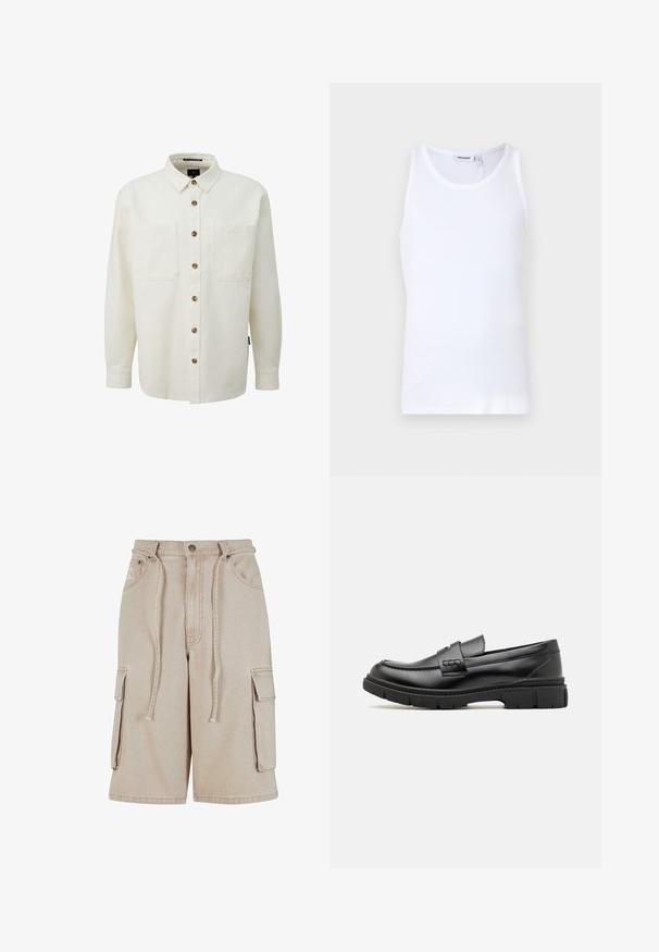 Camisa blanca abotonada de algodón con cuello con solapa, dos bolsillos en el pecho y botones de madera, con corte recto y mangas largas.; Top sin mangas de algodón blanco con cuello redondo y tirantes anchos. Textura suave, sin patrones, diseño limpio y etiqueta de marca en el escote.; Pantalones cortos cargo beige de algodón con cintura con cordón, dos bolsillos laterales y un bolsillo lateral adicional, que presentan detalles de costura visibles.; Mocasin de cuero negro con una cinta ancha en el empeine, suela de goma con tacos gruesos y textura suave. Diseño clásico y elegante.