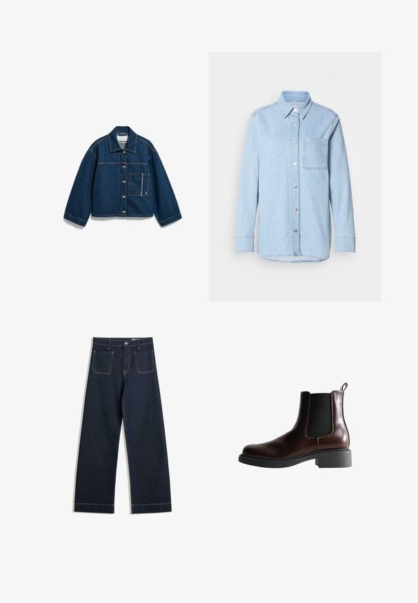 Dunkelblaue Jeansjacke mit Knopfleiste vorne, langen Ärmeln, spitzem Kragen und einer großen Tasche mit kontrastierenden Nähten auf der linken Seite.; Himmelblaues Denim-Hemd mit Knopfverschluss, spitzem Kragen, einer Brusttasche und langen Ärmeln mit knöpfbaren Manschetten.; Dunkelblaue weite Jeans aus Denim mit kontrastierendem hellbraunem Nähen, zwei Gesäßtaschen und einem Knopfverschluss an der Taille.; Braune Leder-Boots mit elastischen Seitenteilen, runder Spitze und einer strukturierten schwarzen Gummisohle. Verfügt über kontrastierende Nähte und eine Ziehlasche.
