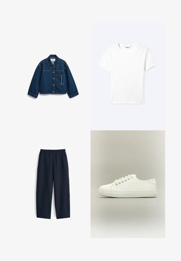 Dunkelblaue Jeansjacke mit Knopfleiste vorne, langen Ärmeln, spitzem Kragen und einer großen Tasche mit kontrastierenden Nähten auf der linken Seite.; Einfaches weißes T-Shirt mit kurzen Ärmeln und Rundhalsausschnitt sowie kleinem "WEEKDAY"-Etikett im Nacken, flach auf einem hellen Hintergrund präsentiert.; Marineblaue Hose aus glattem Stoff, mit elastischem Bund, zwei Seitentaschen und einem entspannten Schnitt mit geraden Beinen.; Weißer Low-Top-Sneaker mit weißen Schnürsenkeln und Gummisohle, seitlich auf neutralem Hintergrund dargestellt.