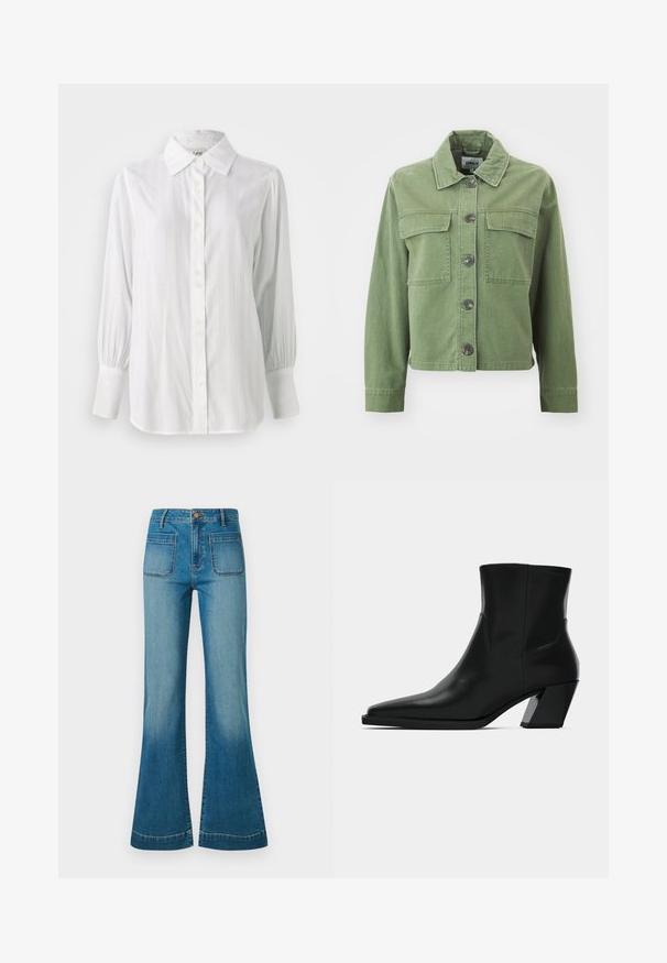 Groene denimjack met een kraag, knoopsluiting aan de voorkant, twee borstzakken en lange mouwen met knoopmanchetten. Soepele textuur en cropped ontwerp.; Witte blouse met verticale strepen, lange opgeblazen mouwen en een klassieke kraag. Voorzien van een rij van vijf knopen aan de voorkant.; Blauwe high-waisted denimjeans met voorzakken en uitlopende pijpen, voorzien van een knoop- en ritssluiting.; Zwarte leren enkelboot met een spitse neus, een slanke silhoeet en een chunky vierkante hak. Gladde textuur met minimale stikdetails.