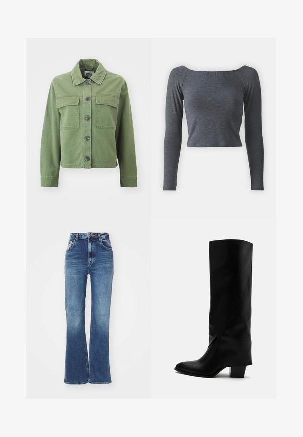 Groene denimjack met een kraag, knoopsluiting aan de voorkant, twee borstzakken en lange mouwen met knoopmanchetten. Soepele textuur en cropped ontwerp.; Grijze, langmouwige, cropped top van zachte stof met een vierkante halslijn en een aansluitende pasvorm. Geen zichtbare patronen of versieringen.; Hoge taille flared jeans in middelblauw denim. Vijf-pocket ontwerp met een knoopsluiting aan de voorkant. Kenmerkt een vervaagde wassing en contrasterende stiksels.; Hoge zwarte leren laars met schuine stiksels, puntige neus en stevige hak van gemiddelde hoogte op witte achtergrond.