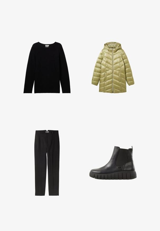 Olivengrøn pufferjakke med hætte, med lynlås foran og chevron-quiltet design. Fremstillet af shiny, letvægtsmateriale.; Sort langærmet sweater lavet af ribbet stof med rund halsudskæring og sænkede skuldre, der har en afslappet pasform og ingen synlige detaljer.; Sorte skræddersyede bukser med lige snit, der har en plisseret front, glat tekstur og en v-formet taljedetalje.; Sorte ankelstøvler i blank læder, med elastiske sidepaneler og en tyk, struktureret gummisåler med vandrette riller.