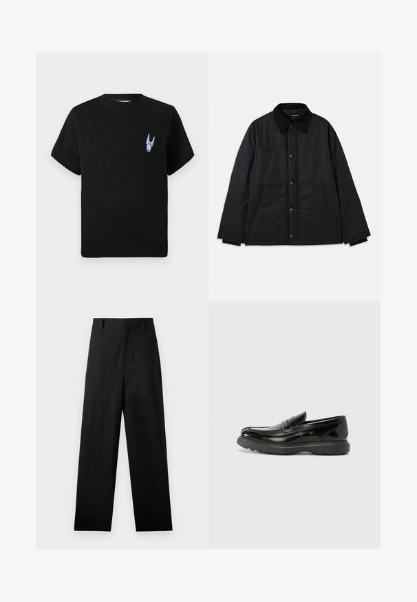 Chaqueta de lona negra con cierre de botón, cuello texturizado contrastante, bolsillos laterales y un sutil detalle de costuras. Sin logotipos visibles.; Camiseta de algodón negra con mangas cortas, que presenta un pequeño gráfico morado en la parte izquierda del pecho. Diseño sencillo y rectangular.; Pantalones negros de algodón con un diseño de pierna recta, que cuentan con un cierre frontal de botón y bolsillos laterales. Textura lisa, sin patrones.; Mocasín de cuero negro con un acabado brillante, punta redondeada, detalles de costura sutiles y una suela de goma gruesa para mayor durabilidad.