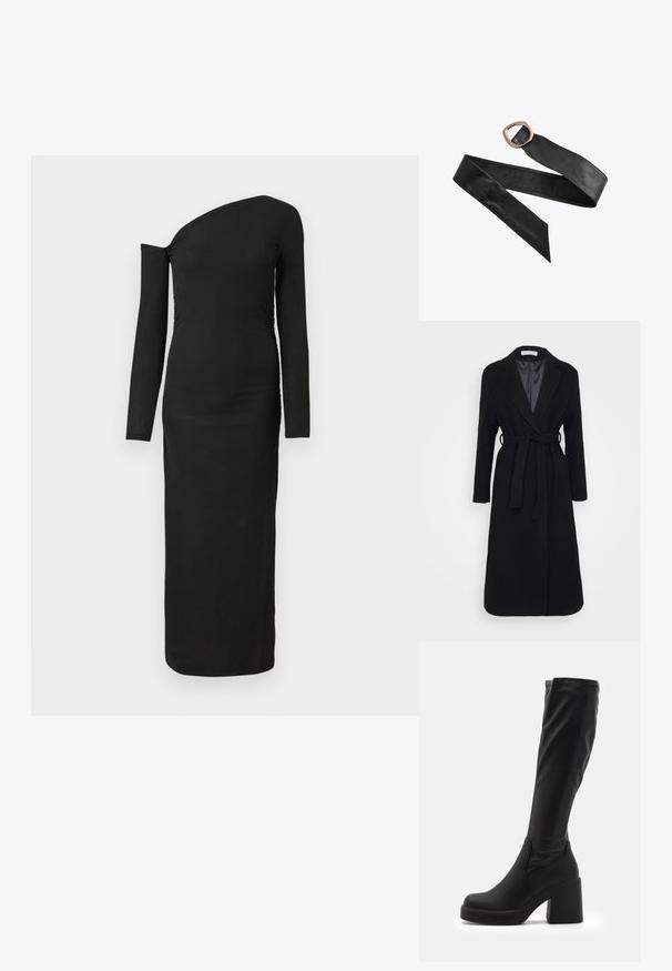 Schwarzer Wollmantel mit Reverskragen, langen Ärmeln und einem selbstbindenden Gürtel in der Taille. Glatte Innenausstattung, knieumspielendes Design.; Schwarzes, eng anliegendes Langarmkleid mit asymmetrischem Ausschnitt und gerafftem Seitendetail, aus geripptem Stoff gefertigt.; Schwarze knielange Stiefel aus glattem Synthetikmaterial mit einem dicken Blockabsatz und einem schlanken Design mit elastischem oberen Rand.; Schwarzer Ledergürtel mit einer großen, abgerundeten rechteckigen bronzenen Schnalle und spitzen Enden, flach auf einem weißen Hintergrund ausgelegt.