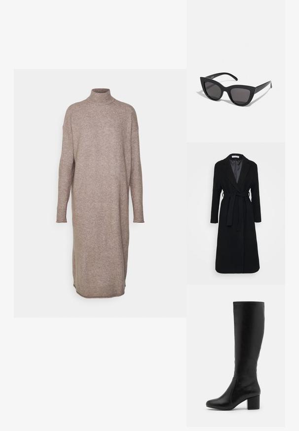 Sort uldfrakke med klapkrave, lange ærmer og selvbinderbelte i taljen. Glat inderfor, knælangt design.; Vero Moda Petite VMKADEN HIGHNECK DRESS - Strikkjoler - brown; Knæ-høje sorte læderstøvler med en glat overflade, afrundet tå, sideskift og en kraftig blokhæl.; Sorte cat-eye solbriller med mat finish, der har grå tonede linser, skarpe vinkler og slanke sidearme. Mærkenavnet er synligt på den indre arm.