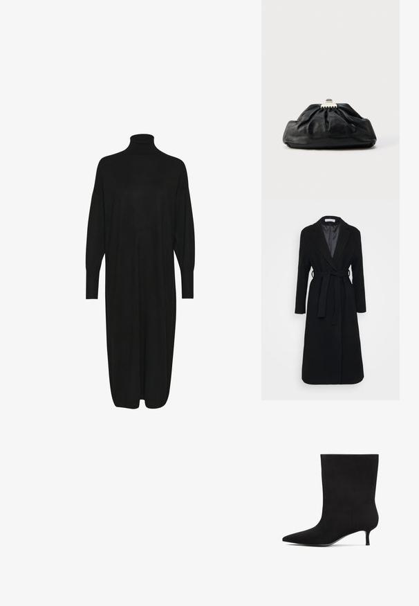 Sort uldfrakke med klapkrave, lange ærmer og selvbinderbelte i taljen. Glat inderfor, knælangt design.; Sort strikket kjole med høj mock neck, lange ærmer og en afslappet pasform. Glat tekstur med længde til midt på læggen og ingen synlige mønstre eller detaljer.; Sort ruskinds ankelstøvle med spids tå og lav kitten hæl. Glat overflade og minimalistisk design uden markante mønstre eller accenter.; Sort læderclutch med en samlet tekstur, metal lukning og diskret præget logo på forsiden. Rundet form.