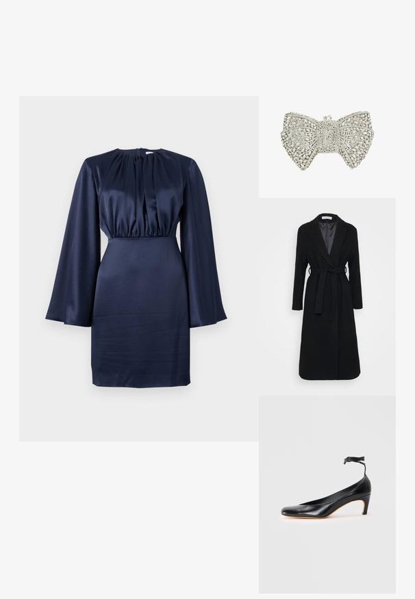 Manteau en laine noir avec un col cranté, des manches longues et une ceinture à nouer à la taille. Doublure lisse, design jusqu'aux genoux.; Robe en satin bleu marine avec un col rond, un corsage plissé et de longues manches évasées. Taille cintrée, texture lisse et design mi-long.; Escarpin en cuir noir avec un bout pointu, un talon fin et un détail de bride à la cheville avec une touche de gland. Texture lisse et design épuré.; Pochette en forme de nœud en ton argent, ornée de strass transparents et d'un fermoir en cristal sur le dessus.