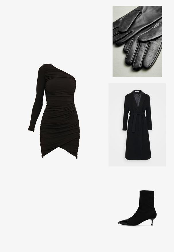 Abrigo de lana negro con solapa muesca, mangas largas y cinturón anudado en la cintura. Forro interior suave, diseño hasta la rodilla.; Vestido negro de un solo hombro, confeccionado en material elástico, con detalles fruncidos y un dobladillo asimétrico que proporciona una silueta ajustada.; Botín negro con puntera metálica puntiaguda y tacón bajo delgado sobre fondo blanco.; Guantes de cuero negro con textura suave, con costuras a lo largo de los dedos y un diseño ajustado. Material suave y flexible para mayor comodidad.