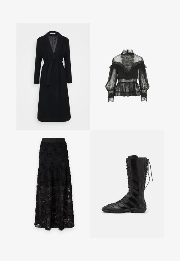 Čierny vlněný kabát s klopami, dlhými rukávmi a pásom na zaväzovanie v páse. Hladká podšívka, dĺžka po kolená.; Luisa Spagnoli Lauco- Blouse - Fashion Show - Blúzka - nero; Maje JOSINO - Maxisukňa - noir; Čierne vysoké topánky vyrobené z lesklého syntetického materiálu, s rafinovaným viazaním a diagonálnymi pruhovými akcentmi po stranách.