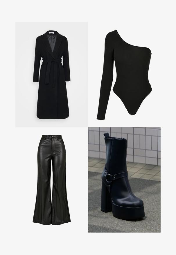 Abrigo de lana negro con solapa muesca, mangas largas y cinturón anudado en la cintura. Forro interior suave, diseño hasta la rodilla.; Bodysuit negro de un solo hombro hecho de tela elástica, con una manga larga en un lado, aberturas de pierna de corte alto y un diseño ajustado.; Pantalones de cuero negro acampanados con una textura suave, que cuentan con una cintura alta, cierre de botón y bolsillos frontales. Diseño de pierna ancha y acabado pulido.; Botín de plataforma con tacón alto y grueso de cuero negro y una correa decorativa, colocado sobre pavimento gris frente a una pared revestida con azulejos.