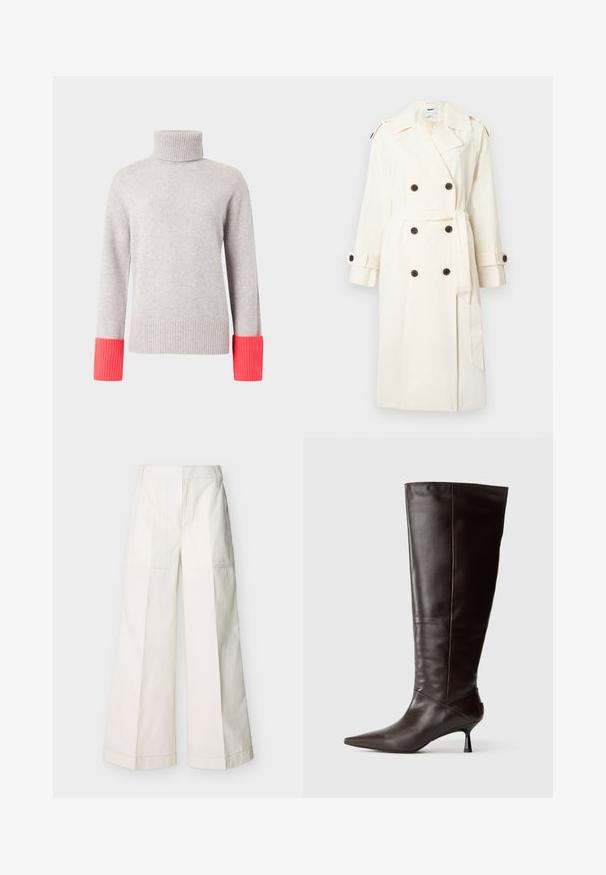 Trench-coat double boutonnage couleur crème avec boutons foncés, ceinture à la taille, épaulettes aux épaules et bracelets aux poignets sur un fond clair.; Pull à col roulé gris en matériau doux, avec des poignets côtelés de couleur rose vif. Design simple avec manches longues et coupe décontractée.; Pantalon à jambes larges en coton blanc, avec poches avant et coutures détaillées. Texture lisse avec un design épuré et minimaliste.; Botte en cuir marron, hauteur genou, avec un bout pointu et un talon fin. Texture lisse et design élégant, arborant une silhouette minimaliste.