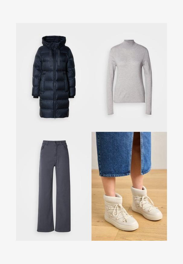 Marineblå jakke med høj krave, lynlåslukning foran og justerbar snørehætte. Har ribbede manchetter og quiltet stof.; Lys grå turtleneck top med lange ærmer, lavet af et blødt strikmateriale. Har et tætsiddende design og ribbet hals. Glat tekstur.; Mørkegrå lige ben bukser med forlommer, bæltesløjfer og en knap- og lynlåslukning på en hvid baggrund.; Beige ankelstøvler med en blød, strikket kant og hvide snørebånd. Sålen er tyk og struktureret, parret med en blå denimnederdel.