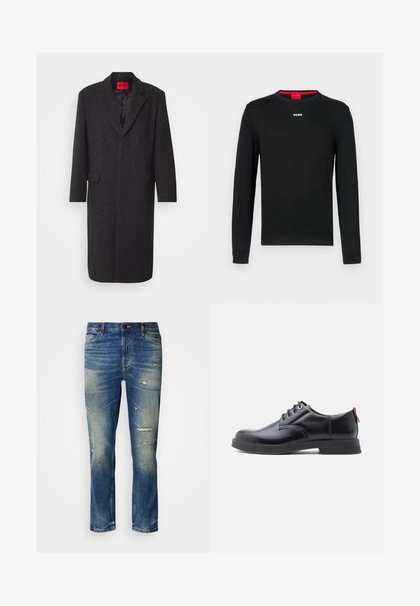Zwarte wolmix jas met een getailleerde silhouet, geknipte revers, twee voorzakken en een glanzende binnvoering. Merkenlabel zichtbaar.; Zwarte trui met lange mouwen, ronde hals, geribbelde boorden aan mouwen en zoom. Voorzien van een klein wit "HUGO"-logo in het midden van de borst.; Lichtblauwe denim jeans met een relaxte pasvorm, voorzien van versleten details, vervaagde patches en een klassieke knoop- en ritsluiting.; Zwarte leren veter schoenen met een gladde textuur, ronde neus en subtiel stiksel detail. Voorzien van een rode trekband op de hiel.