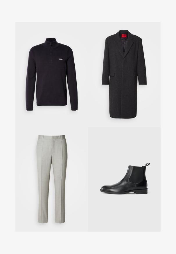Zwarte wolmix jas met een getailleerde silhouet, geknipte revers, twee voorzakken en een glanzende binnvoering. Merkenlabel zichtbaar.; Marineblauwe quarter-zip pullover trui gemaakt van zacht materiaal, met een geribde kraag en manchetten, en een klein wit "BOSS" logo op de borst.; Lichtgrijze, op maat gemaakte broek van gladde stof, met een rechte snit, voorplooien en een klassieke tailleband met riemlussen.; Zwarte leren enkelboot met elastische zijpanelen, ronde neus en een trekhaak. Gladde textuur, platte zool, minimalistisch ontwerp.