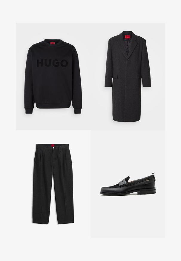 Sort uldblandingsfrakke med en skræddersyet silhuet, spidse revers, to forlommer og en blank inderside. Mærkets label synlig.; Sort sweatshirt lavet af blødt materiale, med en rund halsudskæring og lange ærmer. Ordet "HUGO" er iøjnefaldende vist i en skinnende sort skrifttype.; Sorte bukser med høj talje med forreste læg, bæltestropper, knap og lynlås lukning samt en rød label indeni linningen.; Sort læderloafer med grå remdetalje, lav hæl og tekstureret sål, mærket med "HUGO" i guld på siden.