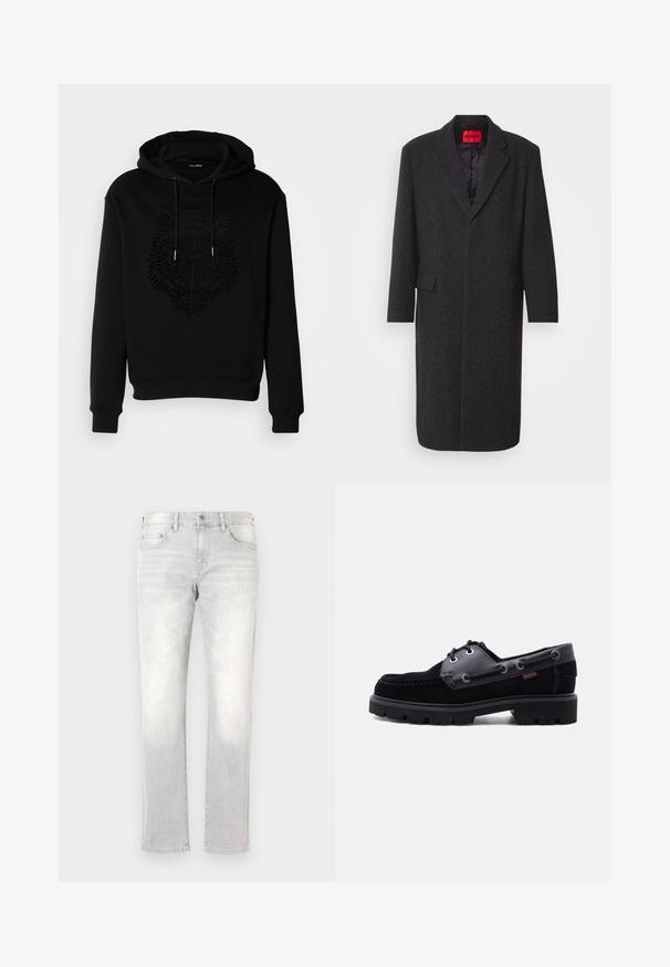 Zwarte wolmix jas met een getailleerde silhouet, geknipte revers, twee voorzakken en een glanzende binnvoering. Merkenlabel zichtbaar.; Zwarte hoodie van zachte stof met een verhoogde leeuwgraphic in het midden. Inclusief een capuchon met trekkoord en geribde manchetten.; Lichtgrijze denim jeans met een recht model, subtiele vervaging, achterzakken en een enkele achterzak. Klassieke knoop- en ritssluiting.; Zwarte leren en suède bootschoen met dikke profielzool, veteroogjes en zijstiksels op een effen lichte achtergrond.