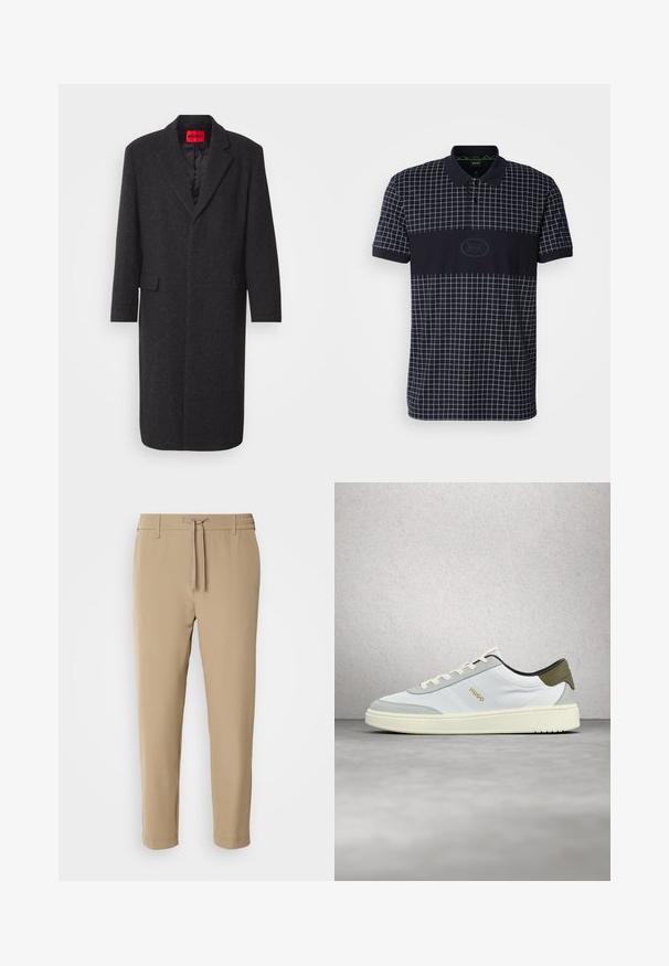 Schwarzer Wollmischungs-Mantel mit taillierter Silhouette, Reverskragen, zwei vorderen Taschen und glänzender Innenausstattung. Markenlabel sichtbar.; Marineblaues Polohemd mit einem weißen Karomuster. Verfügt über einen Kragen, kurze Ärmel und ein zentrales Logoelement. Material aus Baumwollmischung.; Beige, taillierte Hose mit elastischem Bund und Kordelzug. Glattes Material mit einem schlichten Design ohne sichtbare Muster oder Hardware.; Weißer und grauer Sneaker mit niedrigem Schaft, weißen Schnürsenkeln und "HUGO"-Logo in Gold, schwebt über einem glatten grauen Boden vor einer Glaspaneelwand.