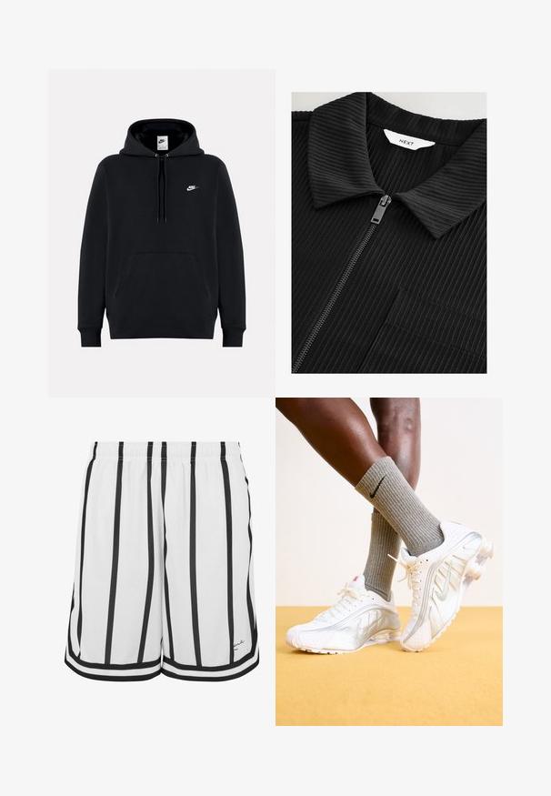 Sort ribbet zipjakke med en struktureret krave, en central lynlås og en diskret brystlomme. Stofserien har en tekstureret overflade.; Sort Nike-hættetrøje med frontlomme, snøre i hætten og lille hvid Nike-logo på venstre bryst.; Hvide atletiske shorts med sorte lodrette striber, en elastisk talje og sorte trim ved kanten. Letvægtsstof med en glat tekstur.; Nike sneakers i hvid med sølv accenter, der har teksturerede paneler og perforeringer. Sammen med grå ribbede sokker, sat mod en gul baggrund.