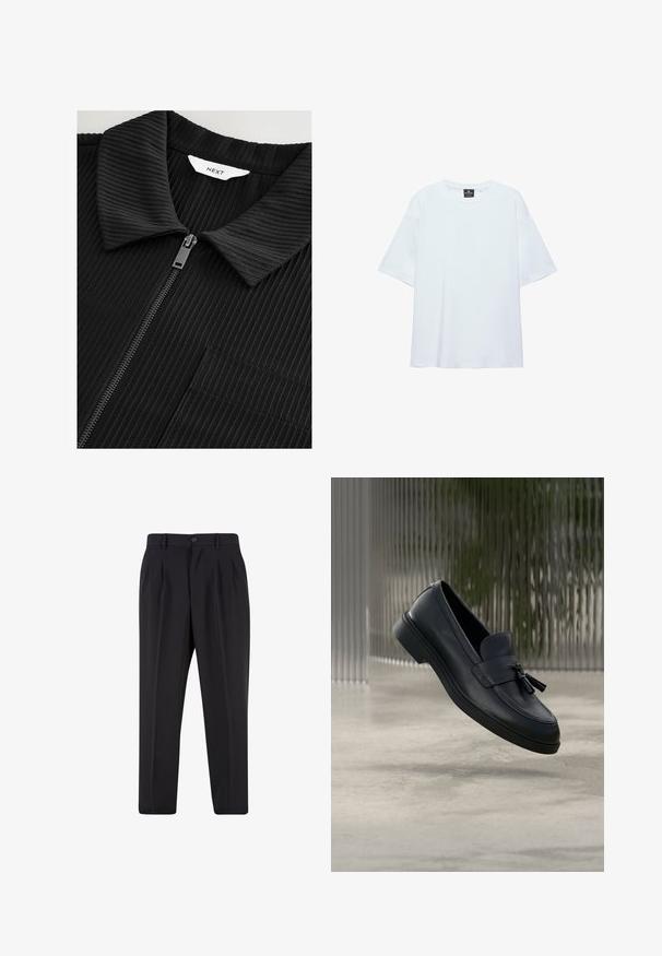 Veste noire zippée à côtes avec un col structuré, une fermeture éclair centrale et une poche poitrine discrète. Le tissu a une finition texturée.; T-shirt blanc uni oversize à manches courtes avec col rond et étiquette noire à l'intérieur du col sur fond blanc.; Pantalon noir sur mesure avec plis à l'avant, passants pour ceinture et fermeture par bouton à la taille.; Mocassins en cuir noir avec une texture lisse, un bout arrondi et des pampilles décoratives à l'avant. Semelle en caoutchouc flexible avec un petit talon.