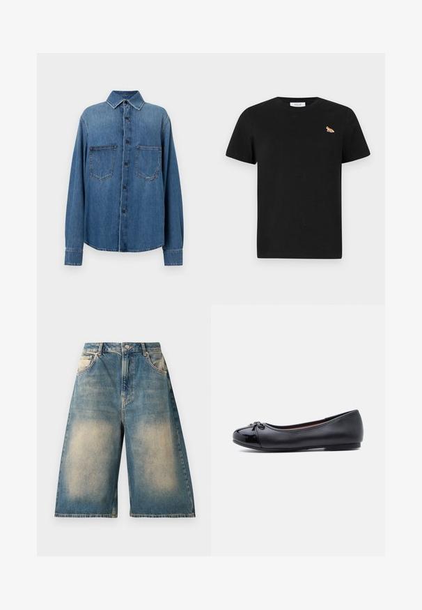 Denim-paita keskipuun värissä, jossa on klassinen kaulus, etupainon sulkeminen, kaksi rintataskua ja pitkät hihat, joissa on nappikäänteet.; Mustat lyhythihaiset T-paidat, jotka on valmistettu puuvillasta, ja joissa on pieni oranssi ja valkoinen kettu brodeerattuna vasempaan rintakehään.; Korkean vyötärön, polvipituiset farkkushortsit haalistuneella pesulla, etutaskuilla, vyölenkeillä ja nappisuljennalla.; Musta ballerinatossu, joka on valmistettu sileästä nahasta. Siinä on kiiltävä kärkiläppä, rusettikoriste ja minimalistinen muotoilu matalalla korolla.