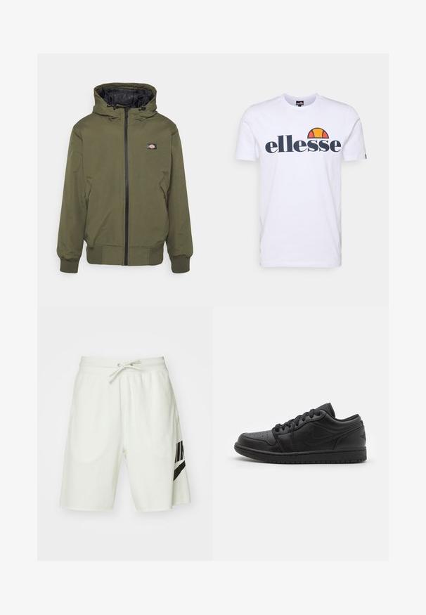 Oliven grøn hættetrøje lavet af letvægtsstof, med lynlås foran, ribbede manchetter og et logo på brystet.; Hvid bomulds t-shirt med et mørkeblåt "ellesse" logo og et farverigt halvcirkeldesign ovenfor. Kortærmet og med en klassisk pasform.; Lysegrå bomuldsshorts med elastisk talje, justerbar snor og et sort Nike-logo på venstre side.; Sorte læder lavtop sneakers med perforeret tå, flade snørebånd, polstret krave og struktureret sål. Har et diskret logo på hælen.