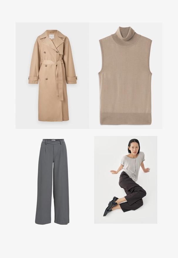 Beiger doppelt geknöpfter Trenchcoat mit tailliertem Gürtel, großem Kragen und Knopfakzenten; gefertigt aus einem glatten, leichten Stoff.; Beige ärmelloser Strickrollkragenpullover mit geripptem Kragen, Armlöchern und Saum, flach auf einem weißen Hintergrund liegend.; Helle graue weit geschnittene Hose aus einem weichen Stoff, mit einem smockierten Taillenbund, vorderen Falten und einer glatten, angenehmen Textur.; Hellgraues Kurzarmshirt, dunkle weite Hosen und schwarze Loafers. Glatter Stoff, entspannte Passform und kontrastierende Einfassung am Hemd.