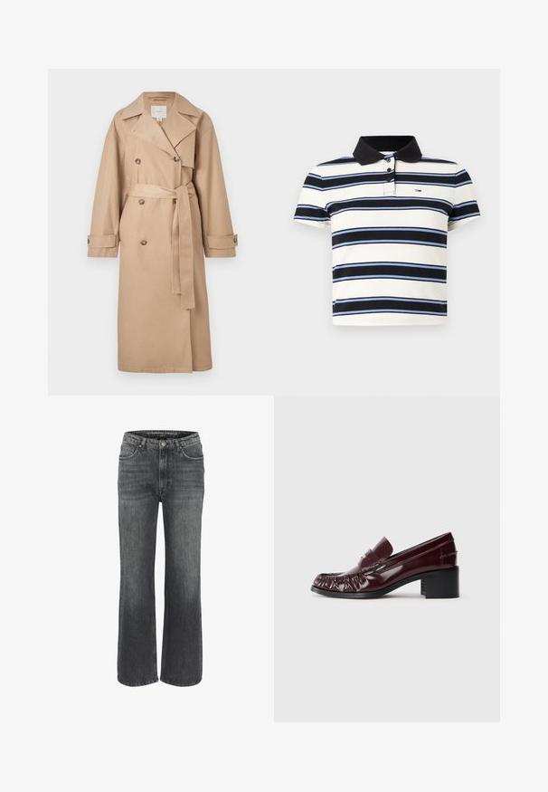 Trench-coat beige croisé avec taille ceinturée, grand col et détails à boutons ; confectionné dans un tissu lisse et léger.; Polo à manches courtes, blanc avec des rayures horizontales bleu marine, noir et bleu clair. Présente un col noir et une patte à trois boutons.; Jeans larges en denim gris foncé, présentant un design classique à cinq poches, des coutures décoratives et une fermeture à bouton à la taille.; Mocassin en cuir bordeaux avec un bout arrondi, texture plissée à l'avant et un petit talon carré noir. Accent doré sur le dessus.