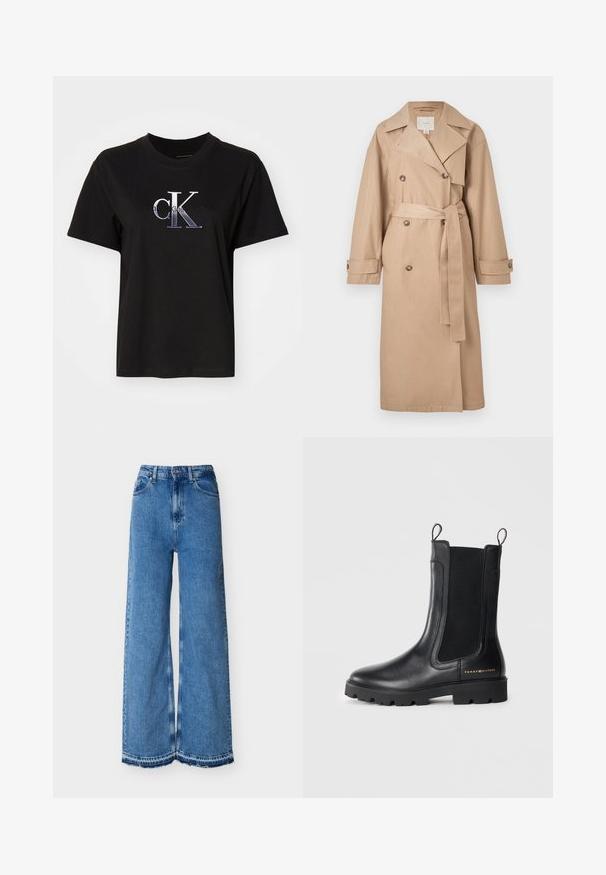 Beiger doppelt geknöpfter Trenchcoat mit tailliertem Gürtel, großem Kragen und Knopfakzenten; gefertigt aus einem glatten, leichten Stoff.; Schwarzes Baumwoll-T-Shirt mit Rundhalsausschnitt. Verfügt über ein silbernes, gesticktes "cK"-Logo und den Text "Calvin Klein Jeans" unter dem Logo. Kurze Ärmel.; Blaue weite Jeans mit hoher Taille, vorn mit Knöpfen und Reißverschluss, fünf Taschen und ausgefransten Säumen.; Schwarze Knöchelstiefel aus glänzendem Leder mit elastischen Seitenpaneelen, dicken Gummisohlen und einer Zugschlaufe hinten. Mit goldener Markenbeschriftung an der Seite.